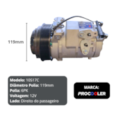 COMPRESSOR MERCEDES BENZ SPRINTER 415 / 515 2013 EM DIANTE POLIA 6PK 121MM 12V PROCOOLER - LADO DIREITO